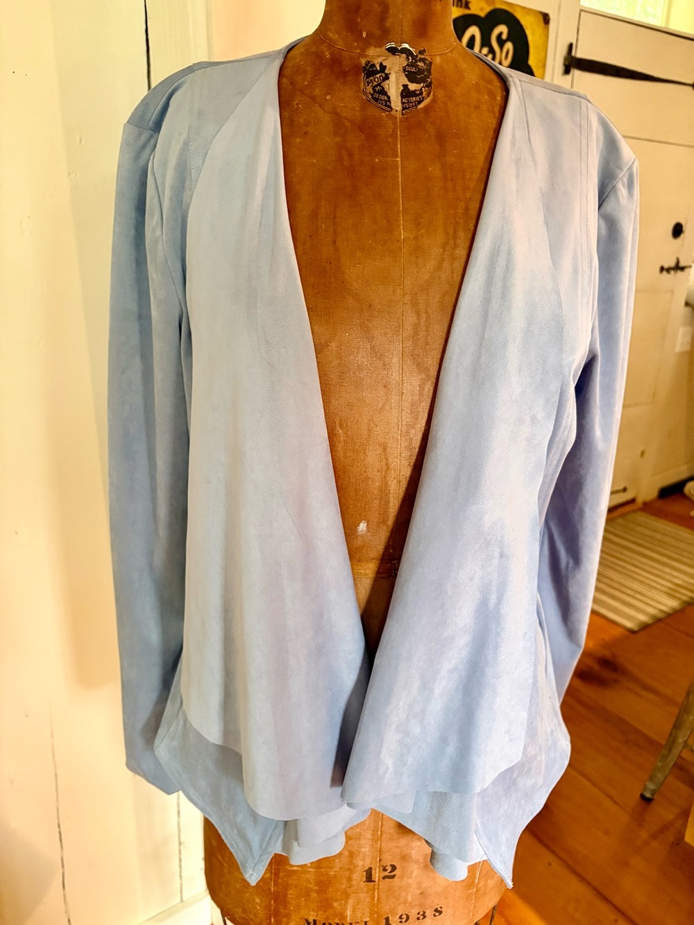 New Anthropologie faux suede blue  open cardigan size Lg